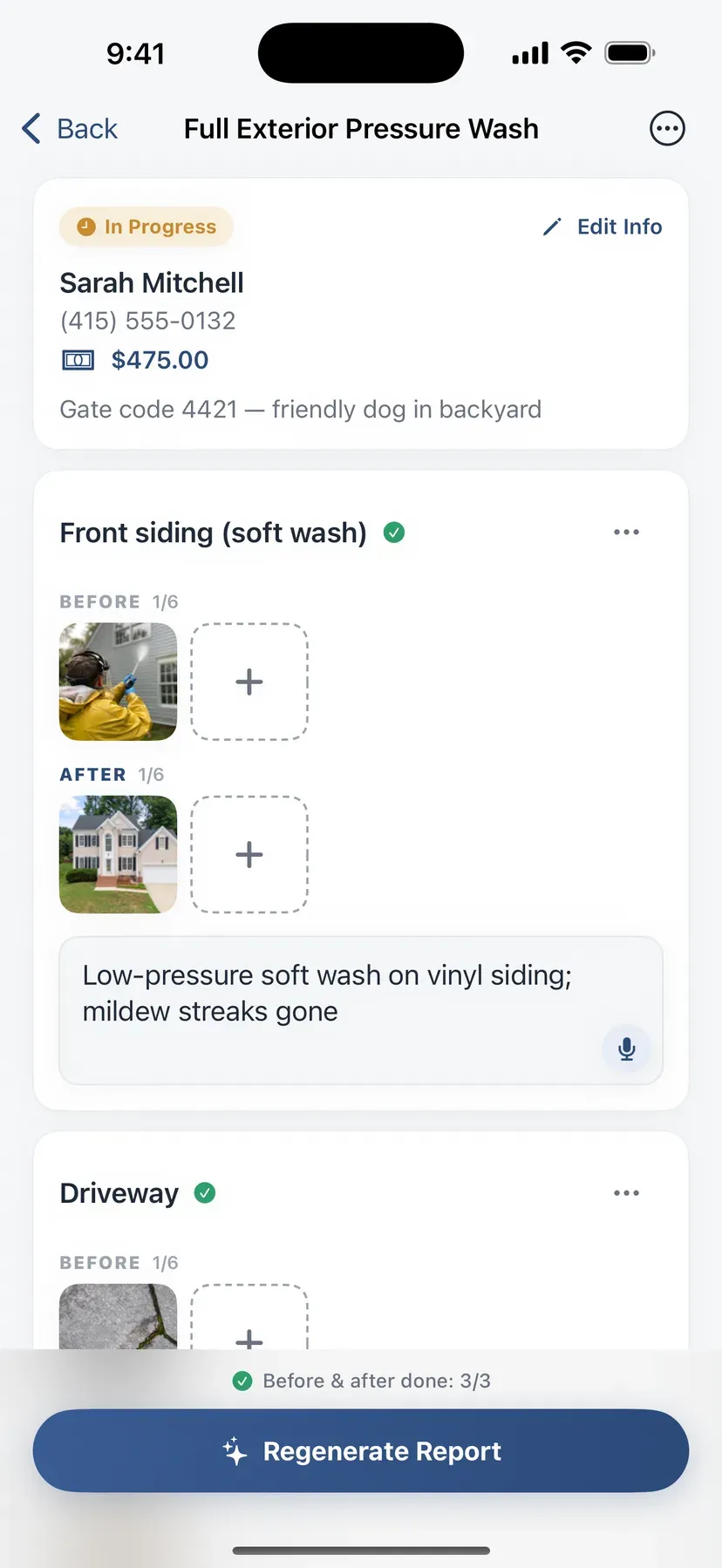 Job detail screen for a pressure-washing job, with before and after photos and a one-line note under the Front siding section