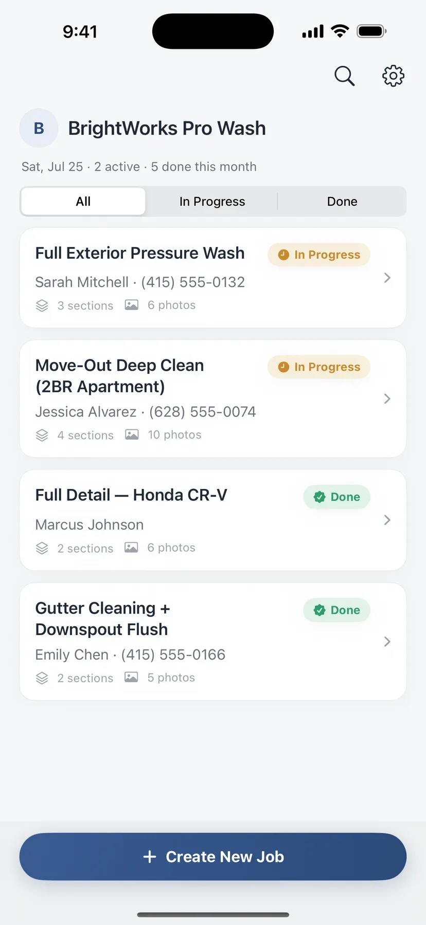 Job list screen headed 'BrightWorks Pro Wash' with four jobs marked In Progress or Done, each showing its section and photo counts