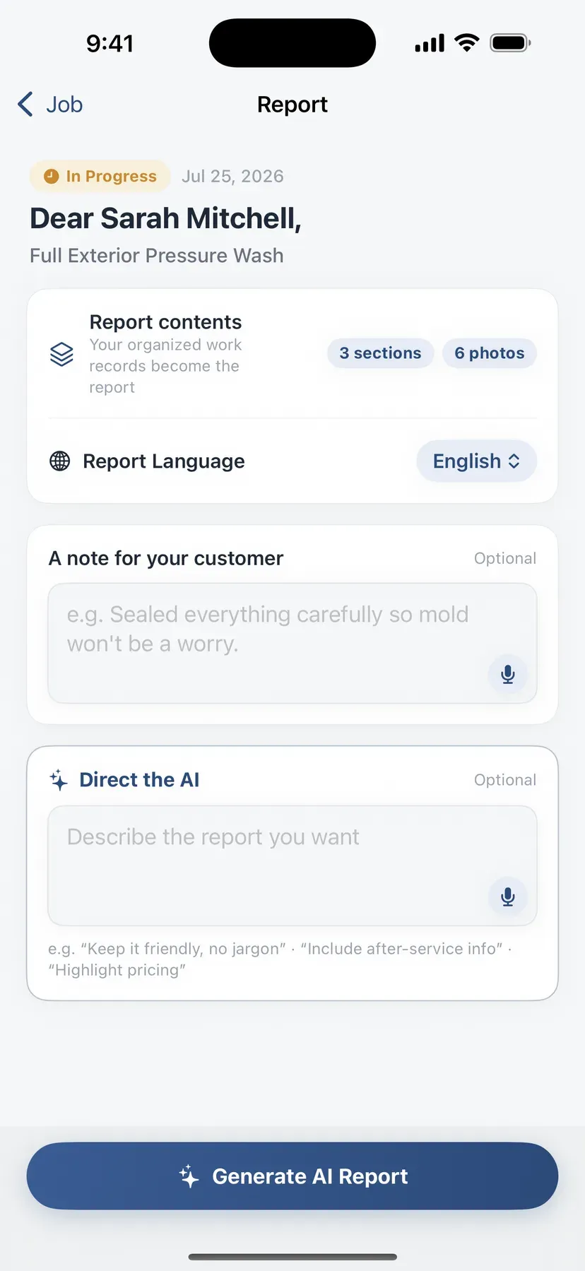 Report setup screen with a Report Language row set to English, above the optional note field for the customer