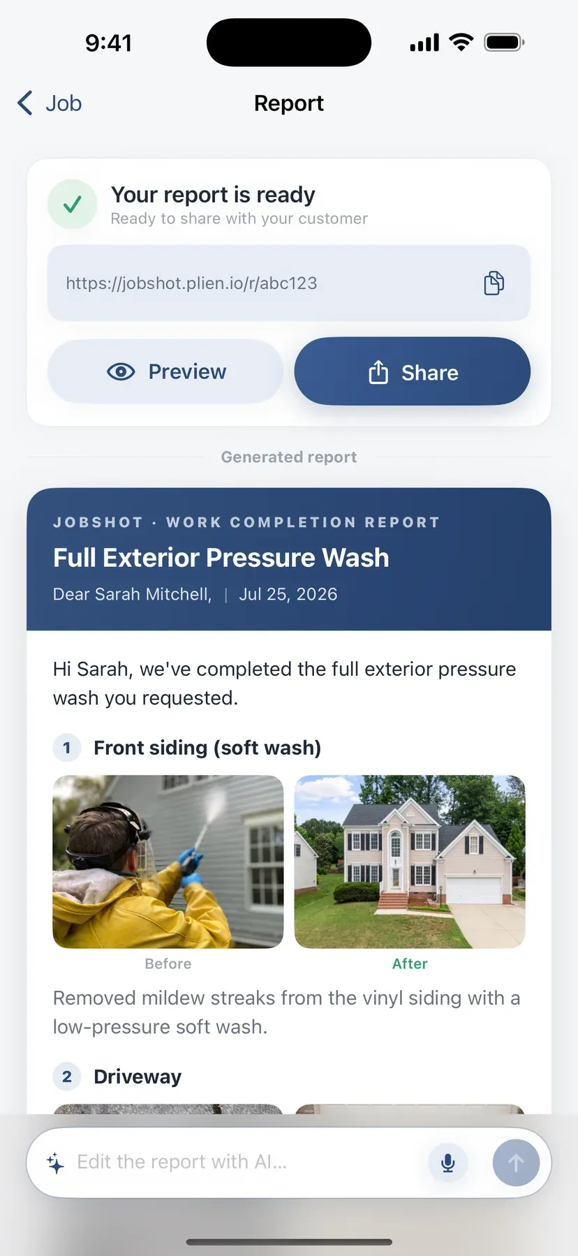Report screen reading 'Your report is ready' with a share link, Preview and Share buttons, and the finished report below showing before and after photos side by side